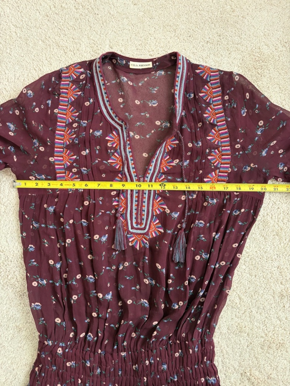 ULLA JOHNSON Gita Silk Embroidered Floral Drop Waist Boho Dress Bordeaux Size 6 - Picture 16 of 16